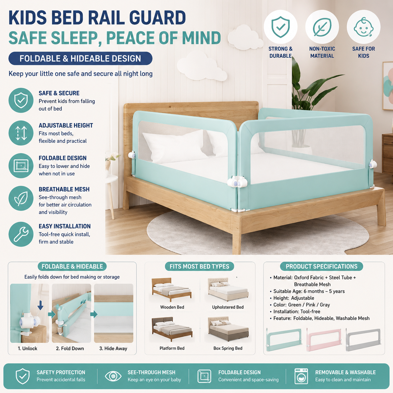 Foldable Toddler Bed Safety Rail